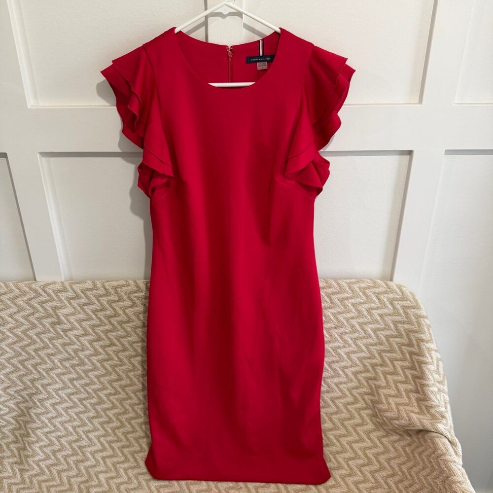 Tommy Hilfiger Scuba Flutter Sleeve Sheath Dress Scarlet - Picture 3 of 8
